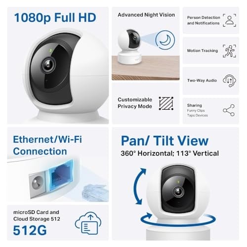 Tapo C202, 1080P Full HD, Hareket Tespit ve Takibi, 360°, 9m Gece Görüşü, Çift Yönlü Ses, Alarm, Bulut/Yerel Depolama, Bebek Ağlaması Tespiti, İç Mekan Ethernet/Wi-Fi Güvenlik Kamerası