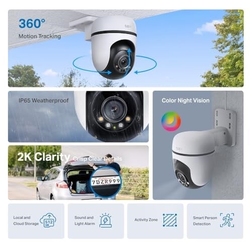 Tapo C510W, 2K Dış Mekan Wi-Fi Güvenlik Kamerası, Hareket Tespit/Takibi, 360°, IP65 Su Geçirmez, Renkli Gece Görüşü, Çift Yönlü Ses, Bulut/Yerel Depolama, Sesli ve Işıklı Alarm