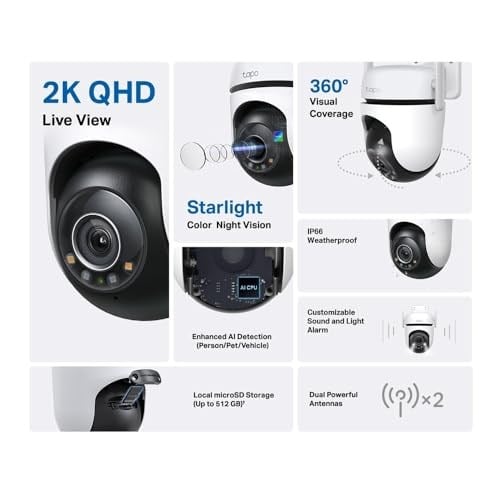Tapo C520WS, 2K QHD Dış Mekan Wi-Fi/Ethernet Güvenlik Kamerası, Hareket Tespit/Takibi, 360°, IP66 Su Geçirmez, Renkli Gece Görüşü, Çift Yönlü Ses, Bulut/Yerel Depolama, Sesli ve Işıklı Alarm