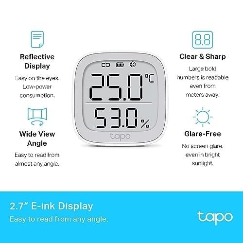 Tapo T315, Akıllı Sıcaklık ve Nem Monitörü, Ücretsiz Veri Depolama, LCD Ekran, Gerçek Zamanlı Bildirimler, Pil Dahildir, Alexa ve Google Home ile Çalışır, Tapo Hub Gereklidir Ayrıca Satılır