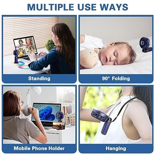 Taşınabilir El Vantilatörü, USB Şarj Edilebilir Kişisel Fan, 4800mAh, 90° Katlanabilir Mini Masa Fanı, Led Dijital Ekranlı 5 Hız Çok Fonksiyonlu Fan Dış Mekan İç Mekan için (Mavi)