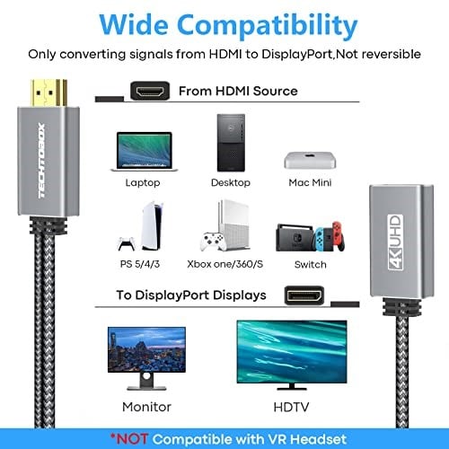 TECHTOBOX HDMI DisplayPort Adaptörü 4K60Hz [Örgülü, Yüksek Hız] HDMI Kaynağı DP Monitör Dönüştürücü, HDMI Erkek Ekran Bağlantı Noktası Dişi PC Grafik Kartı Dizüstü PS5/4