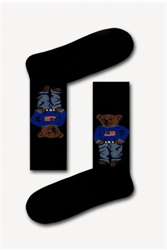 Teddy Bear Desen Siyah Unisex Soket Çorap Siyah Standart