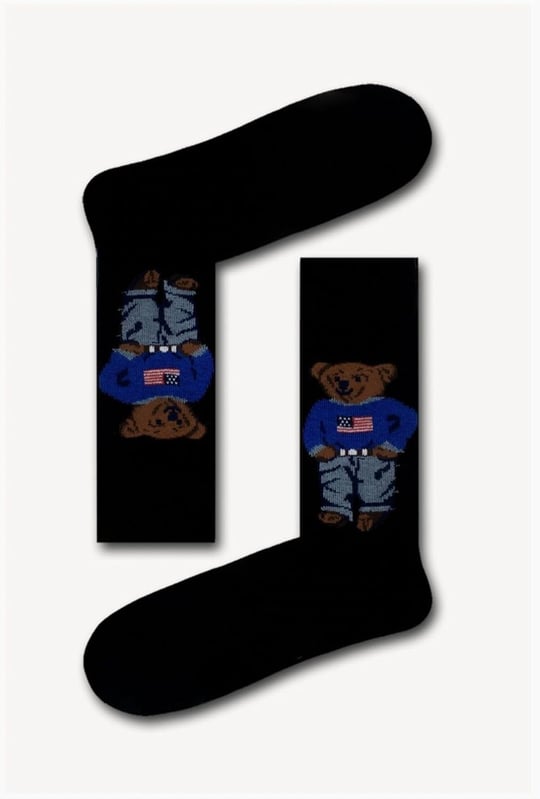 Teddy Bear Desen Siyah Unisex Soket Çorap Siyah Standart