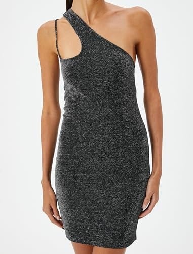 Tek Omuz Elbise Mini Metalik Simli Pencere Detaylı Slim Fit