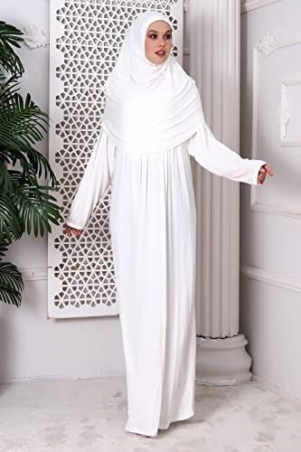 Tek Parça Pratik Başörtülü Robalı Namaz Elbisesi 8015 Kırık Beyaz