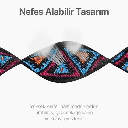 Teknoft Apple Watch ile Uyumlu Etnik Desen Motifli Ayarlanabilir Tokalı Bohemian Serisi Yumuşak Kumaş Kordon - Seçenekler: 38-40-41mm, 42-44-45-46-49mm