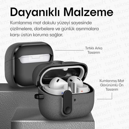 Teknoft Samsung Galaxy Buds 3 Pro, Buds 3 ve Buds 3 FE ile Uyumlu Mandallı Kapak Kilit Sistemli Kumlanmış Mat Dokulu Darbelere Dayanıklı Hibrit Kılıf (Gri, Galaxy Buds 3 Pro/3/3 FE)