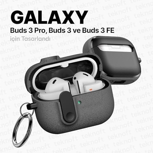 Teknoft Samsung Galaxy Buds 3 Pro, Buds 3 ve Buds 3 FE ile Uyumlu Mandallı Kapak Kilit Sistemli Kumlanmış Mat Dokulu Darbelere Dayanıklı Hibrit Kılıf (Gri, Galaxy Buds 3 Pro/3/3 FE)