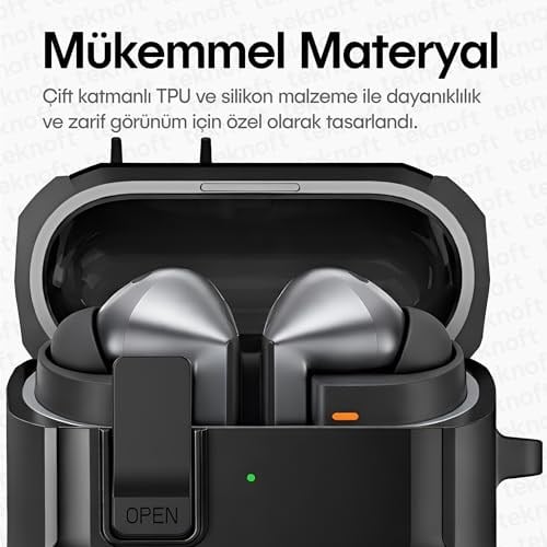 Teknoft Samsung Galaxy Buds 3 Pro, Buds 3 ve Buds 3 FE ile Uyumlu Mandallı Kapak Kilit Sistemli Mat Dokulu Darbelere Dayanıklı Premium Silikon Kılıf
