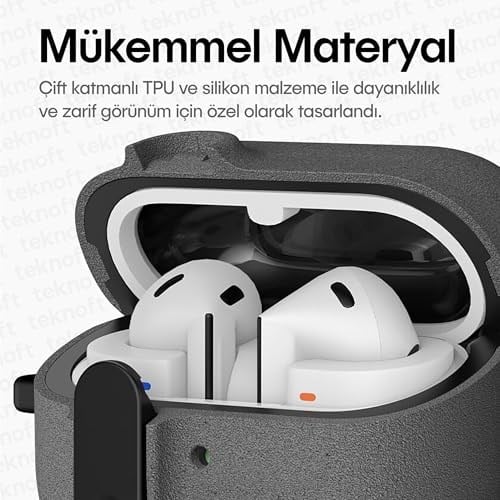 Teknoft Samsung Galaxy Buds 3 Pro, Buds 3 ve Buds 3 FE ile Uyumlu Mandallı Kapak Kilit Sistemli Kumlanmış Mat Dokulu Darbelere Dayanıklı Hibrit Kılıf (Gri, Galaxy Buds 3 Pro/3/3 FE)