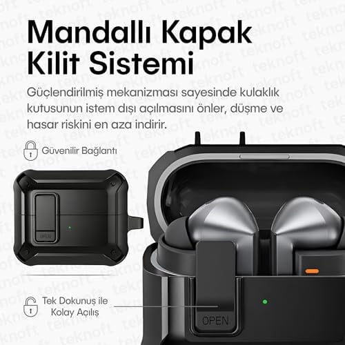 Teknoft Samsung Galaxy Buds 3 Pro, Buds 3 ve Buds 3 FE ile Uyumlu Mandallı Kapak Kilit Sistemli Mat Dokulu Darbelere Dayanıklı Premium Silikon Kılıf