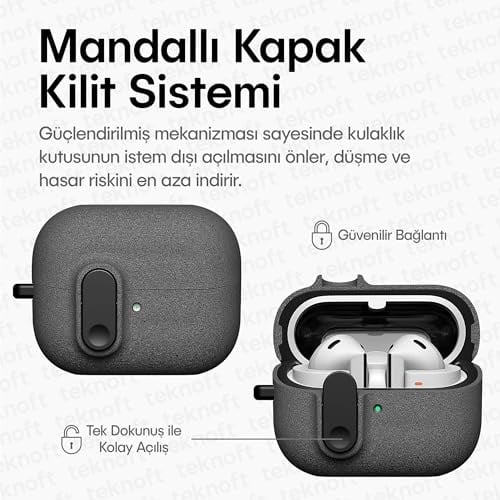 Teknoft Samsung Galaxy Buds 3 Pro, Buds 3 ve Buds 3 FE ile Uyumlu Mandallı Kapak Kilit Sistemli Kumlanmış Mat Dokulu Darbelere Dayanıklı Hibrit Kılıf (Gri, Galaxy Buds 3 Pro/3/3 FE)