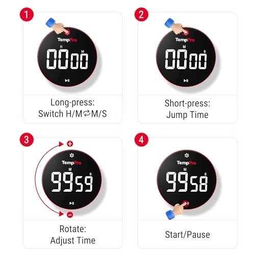 TempPro TM04 99 Saat Kapasiteli Çevirmeli Dijital Mutfak ve Ders Zamanlayıcısı, Geniş LED Ekranlı Mıknatıslı Kronometre (Eski Adıyla ThermoPro)