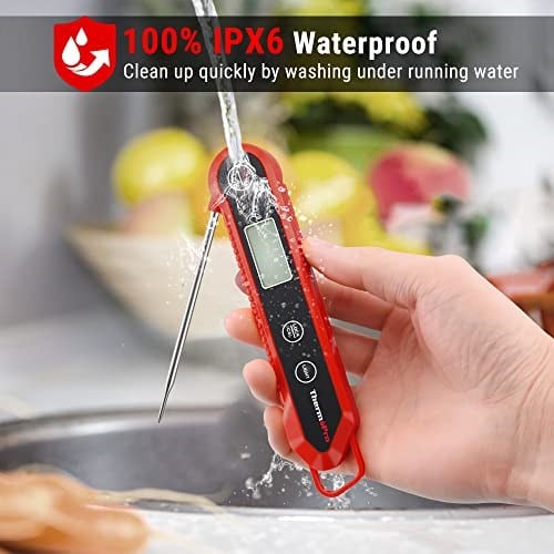 TempPro TP03H IPX6 Su Geçirmez Katlanabilir Problu, Işıklı Ekranlı Profesyonel Dijital Et ve Gıda Pişirme Termometresi (Kırmızı)