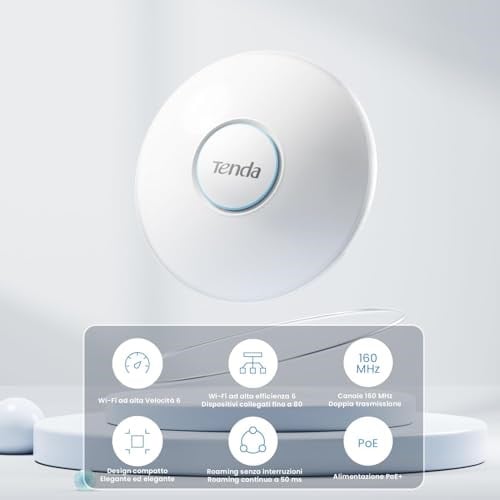 Tenda I27 WiFi 6 AX3000 çift bant erişim noktası, PoE standardı 802.3at destekler, tavan montajı, dolaşım, MU-MIMO, OFDMA, Çoklu SSID, App veya Web arayüzü üzerinden yönetilebilir, beyaz