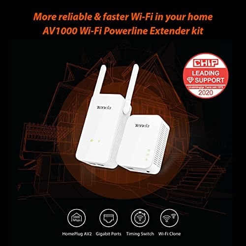 Tenda PH5 WLAN Powerline Adaptör Seti (1000Mbit/s Powerline + 300Mbit/s WLAN, 3 LAN Bağlantı Noktası, WiFi Klonlama, Tak ve Çalıştır, Diğer Mark - Seçenekler: AV1000+N300, P200 | 2li paket, 1000 Mbps