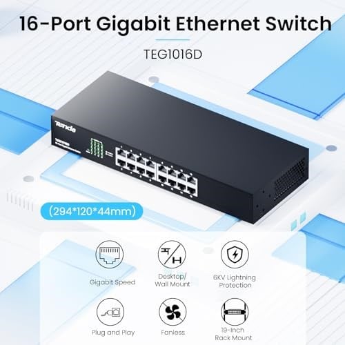 Tenda TEG1016D 16 Port 10/100/1000 Mbps Gigabit Rack-Mount Switch Metal Kasa - Seçenekler: 16 Bağlantı Noktası | Raf Montajı, 5 bağlantı noktası