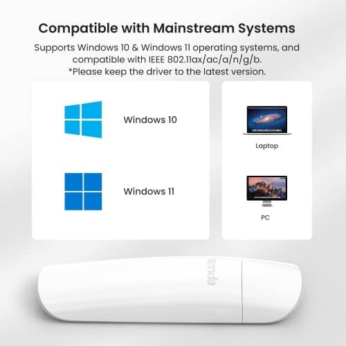 Tenda U18 WiFi 6 WLAN Stick WLAN USB Adaptörü (AX1800 Çift Bant 5 GHz:1201 Mbit/s +2,4 GHz: 574 Mbit/s) WPA3, USB 3.0, MU-MIMO, LED, Windows 10/11 destekler, PC/Laptop/Masaüstü için, Beyaz