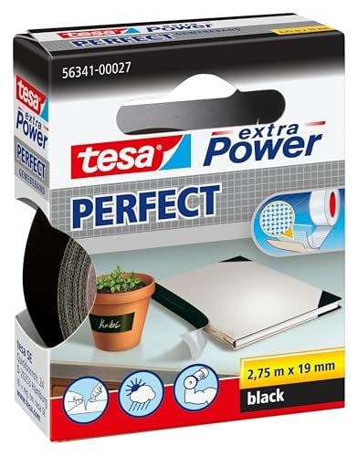 tesa extra Power Perfect dokuma bant – El işi, onarım, sabitleme, güçlendirme ve yazı yazmak için dokuma takviyeli Ductape – Siyah – 2,75 m x 19 mm