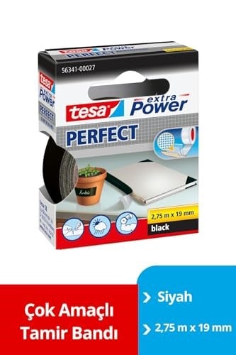 tesa extra Power Perfect dokuma bant – El işi, onarım, sabitleme, güçlendirme ve yazı yazmak için dokuma takviyeli Ductape – Siyah – 2,75 m x 19 mm