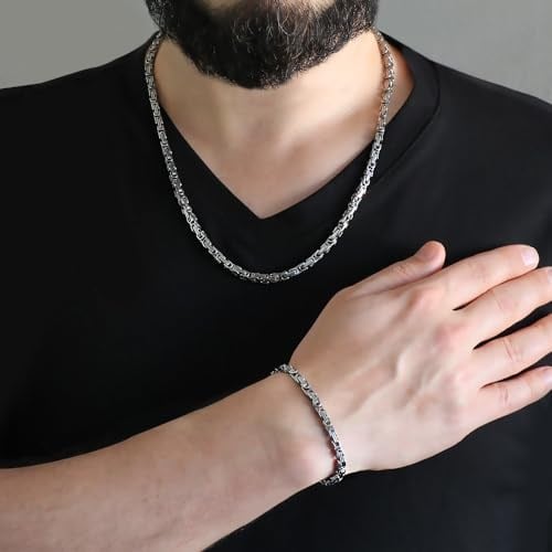 (Tesbihane) Silver Renk Kalınlık 5 mm 317L Çelik Kral Zincir&Bileklik Kombini