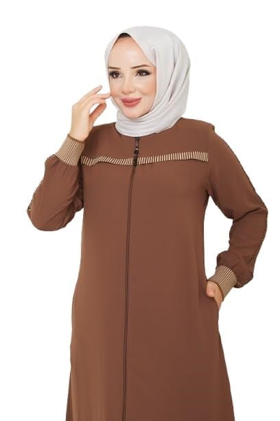 Testtür Giyim Ferace Bej Renk Biye Detaylı Ribana Manşetli KrepKumaş Fermuarlı Spor Kesim