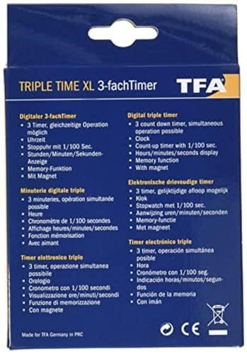 TFA Dostmann Triple XL, dijital 3 kademeli zamanlayıcı, 38.2023, saatli, hafıza fonksiyonlu, kronometreli, siyah, U 103 x G 20 (61) x Y 121 (103) mm
