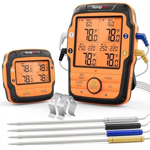 ThermoPro TP27C Kablosuz Profesyonel Barbekü ve Fırın Termometresi, 4 Problu ve 150 Metre Menzilli Et Isı Ölçer (Alarmlı)