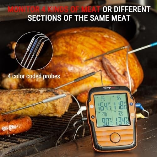 ThermoPro TP27C Kablosuz Profesyonel Barbekü ve Fırın Termometresi, 4 Problu ve 150 Metre Menzilli Et Isı Ölçer (Alarmlı)