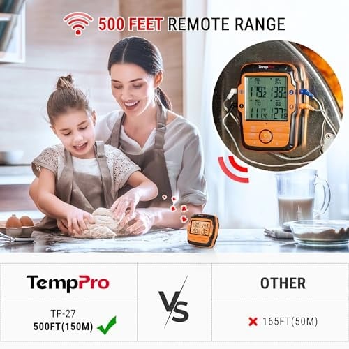 ThermoPro TP27C Kablosuz Profesyonel Barbekü ve Fırın Termometresi, 4 Problu ve 150 Metre Menzilli Et Isı Ölçer (Alarmlı)