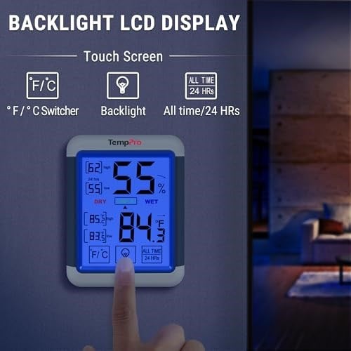 ThermoPro TP55 Dijital İç Mekan Higrometre Termometresi, Dokunmatik Ekranlı ve Arkadan Aydınlatmalı, İç Mekan Termometresi/Nem Ölçer, Ev Serası için İç Mekan Termometresi/Nem Ölçer
