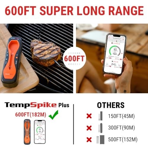 ThermoPro TP970 TempSpike Plus Tam Kablosuz Akıllı Et Termometresi, 182m Ultra Menzilli Bluetooth Barbekü ve Fırın Isı Ölçer