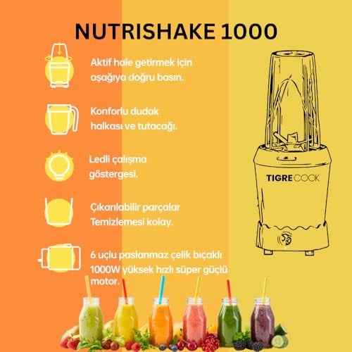 TIGRECOOK NUTRISHAKE 3 in 1 Paslanmaz Çelik Bıçaklı Kişisel Smoothie Blender ve Kahve Baharat Öğütücü 1000W (GRI)