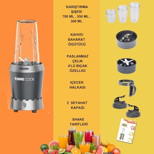 TIGRECOOK NUTRISHAKE 3 in 1 Paslanmaz Çelik Bıçaklı Kişisel Smoothie Blender ve Kahve Baharat Öğütücü 1000W (GRI)