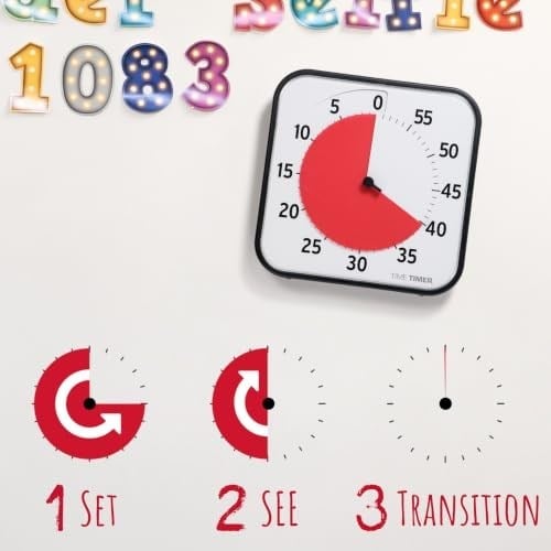TIME TIMER ORİJİNAL Large 30x30cm - 60 Dakika Görsel Analog Zamanlayıcı Saat - İsteğe Bağlı Akustik Alarm (Ses Kontrolü) Yüksek Sesli Tıklama Yok; Zaman Yönetimi Cihazı (Siyah)