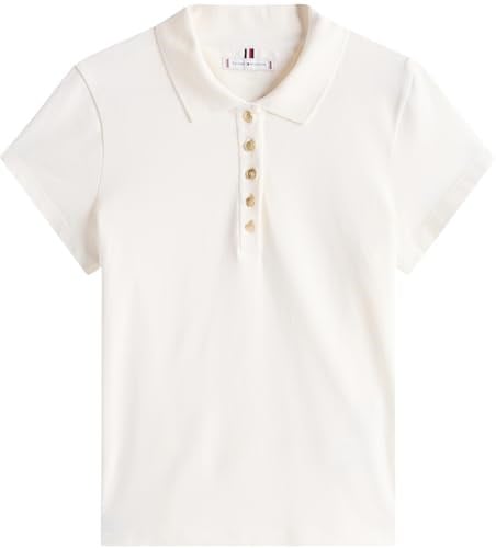 Tommy Hilfiger Kadın Polo Tişört Kısa Kollu Altın Düğmeli Slim Streç