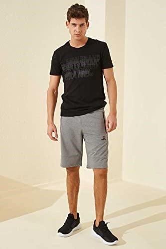 TOMMY LIFE Gri Melanj Yan Şeritli Standart Kalıp Şort, S, T08ER-81148, Gb Melanj, Erkek