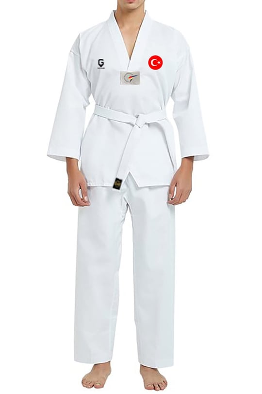 TOP GLORY (T1381) Fitilli Beyaz Yaka Baskılı Taekwondo Elbisesi Dobok-