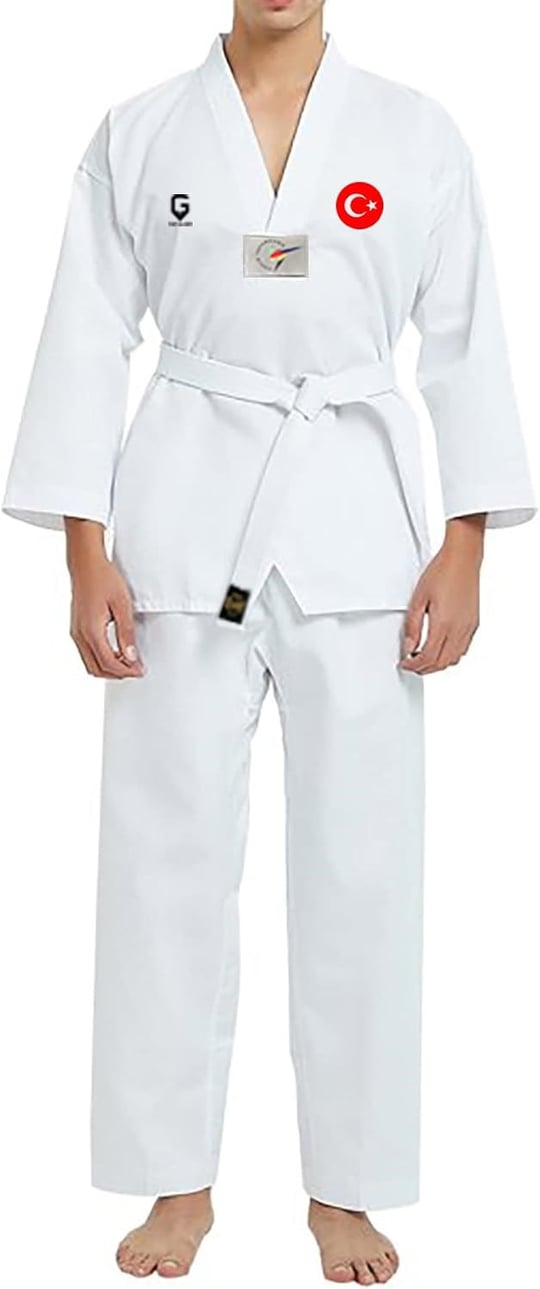 TOP GLORY (T1381) Fitilli Beyaz Yaka Baskılı Taekwondo Elbisesi Dobok-