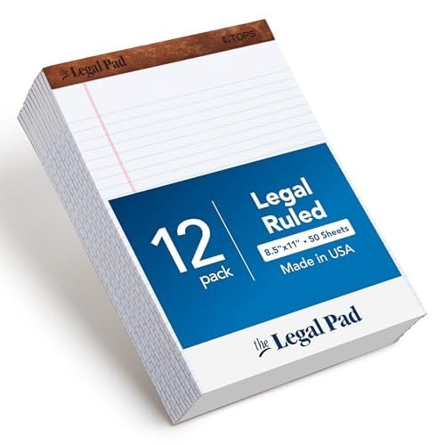 TOPS 8,5 x 11 Yasal Ped, 12li Paket, The Legal Pad Markası, Geniş Çizgili, Beyaz Kağıt, Yazı Defteri Başına 50 Yaprak, ABDde Üretilmiştir (7533)