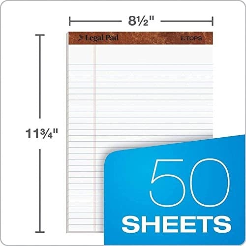 TOPS 8,5 x 11 Yasal Ped, 12li Paket, The Legal Pad Markası, Geniş Çizgili, Beyaz Kağıt, Yazı Defteri Başına 50 Yaprak, ABDde Üretilmiştir (7533)