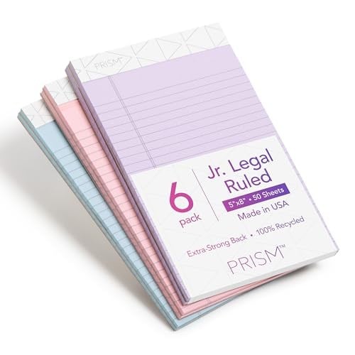 Tops Prism Plus% 100 geri dönüştürülmüş Legal Pad, 12,7 x 20,3 cm, delikli, farklı renklerde: pembe, orkide, mavi, dar, Rule, 50 yaprak Pro blok, 6 PADS Pro Pack (63016) Junior Legal (5