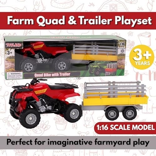 Toyland® Farm dörtlü bisiklet ve treyler oyun seti — 1:16 ölçekli — serbest tekerlek hareketi — erkek çiftlik oyuncakları (kırmızı kare)