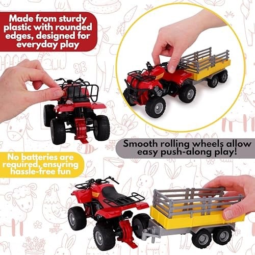 Toyland® Farm dörtlü bisiklet ve treyler oyun seti — 1:16 ölçekli — serbest tekerlek hareketi — erkek çiftlik oyuncakları (kırmızı kare)