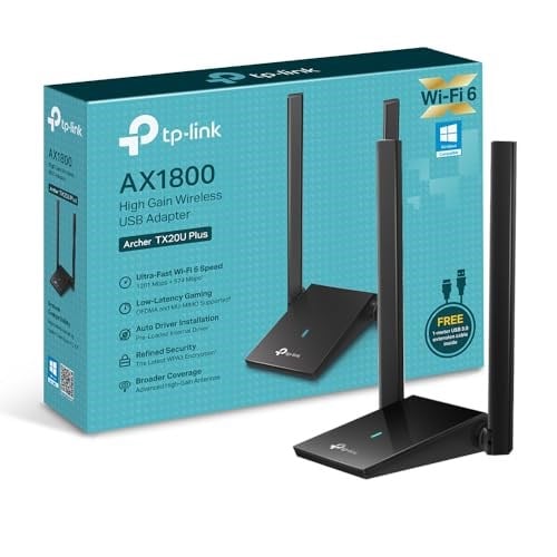 TP-Link Archer TX20U Plus, AX1800 Mbps Çift Antenli Yüksek Kazanımlı Kablosuz USB Adaptör, 1 metre USB 3.0 kablosu, Beamforming, MU-MIMO, Düşük Gecikmeli Oyun Deneyimi, WPA3, Kolay Kurulum