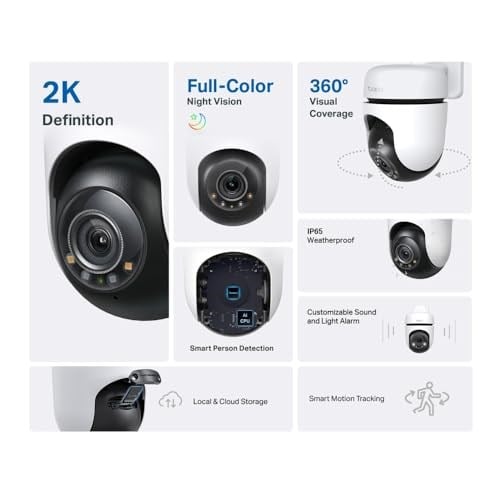 TP-Link Tapo TC41 2K Dış Mekan Pan/Tilt Güvenlik Wi-Fi Kamera, IP65 Hava Koşullarına Dayanıklı, Hareket Algılama, 360° Görsel Kapsama Alanı, Tam Renkli Gece Görüşü, Yerel Depolama, Alexa ve GoogleHome