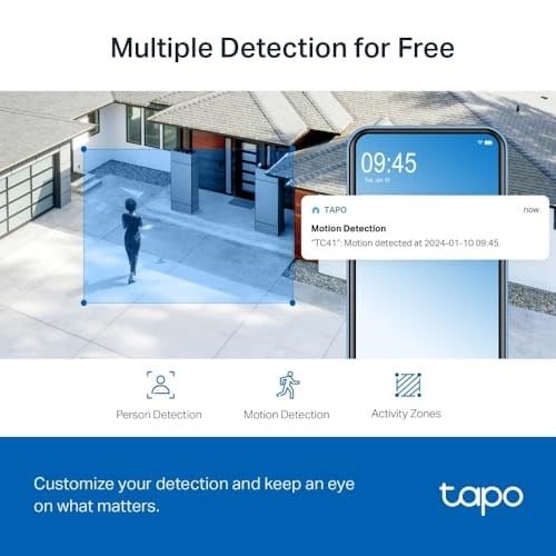 TP-Link Tapo TC41 2K Dış Mekan Pan/Tilt Güvenlik Wi-Fi Kamera, IP65 Hava Koşullarına Dayanıklı, Hareket Algılama, 360° Görsel Kapsama Alanı, Tam Renkli Gece Görüşü, Yerel Depolama, Alexa ve GoogleHome