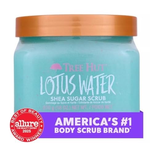 Tree Hut Lotus Su Shea Şeker Ovma | Peeling Vücut Ovma Yumuşak ve Nemlendirilmiş Bir His için Ölü, Kuru Cildi Temizler | Besleyici Temel Vücut Bakımı | 18 oz.