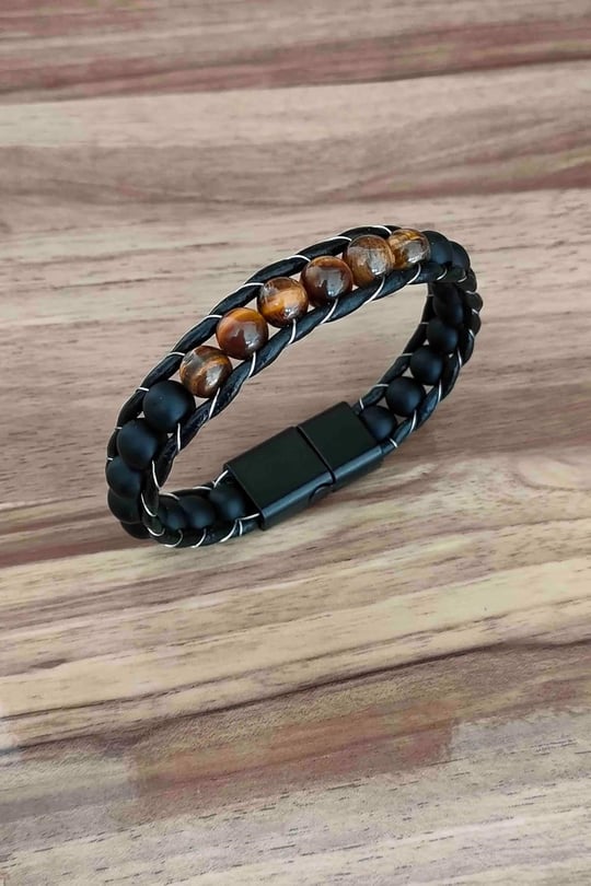 Trend Collection Kaplan Gözü Ve Oniks Doğal Taş Çelik Manyetik Kapama Hakiki Deri Bileklik